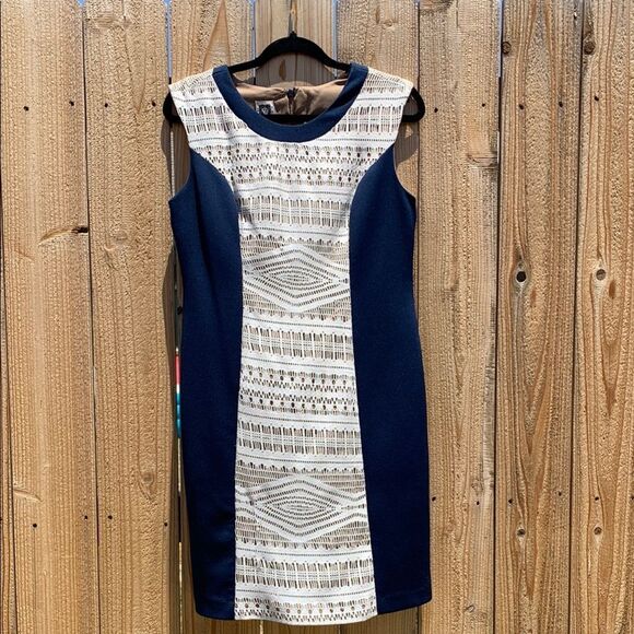 Take 50% OFF- Anne Klein Blue and White Sleeveless Sheath Dress, Size-10P - Picture 1 of 8
